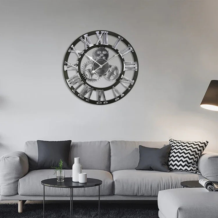 Relógio de Parede Retro Redondo de Madeira com Engrenagem de Lado Único e Números Romanos, Diâmetro: 30cm, Números Romanos 30cm