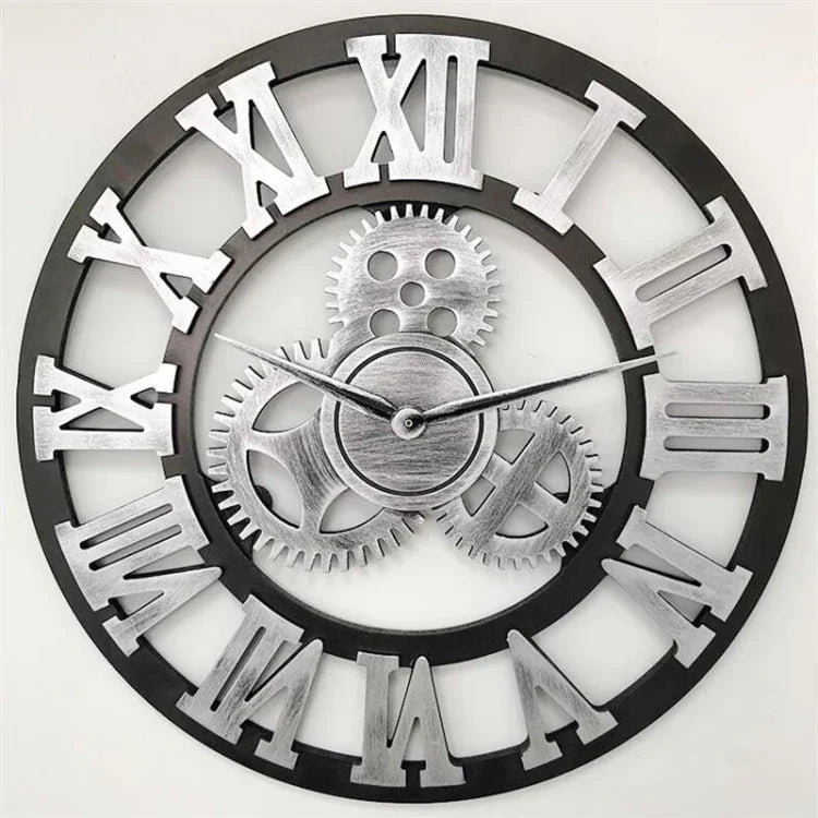 Relógio de Engrenagem Retro Redondo de Madeira de um Lado com Números Romanos, Diâmetro: 70cm, Números Romanos 70cm, Números Romanos 70cm