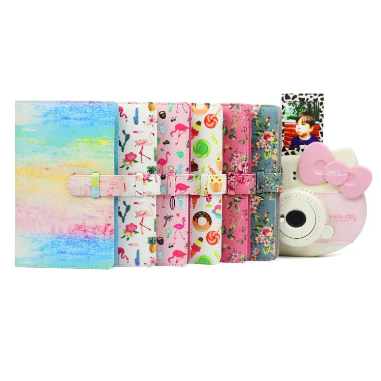 Álbum de fotos requintado para Polaroid com 32 páginas, tipo inserção mini criativo DIY em PU com padrão de rosa de 3 polegadas, rosa