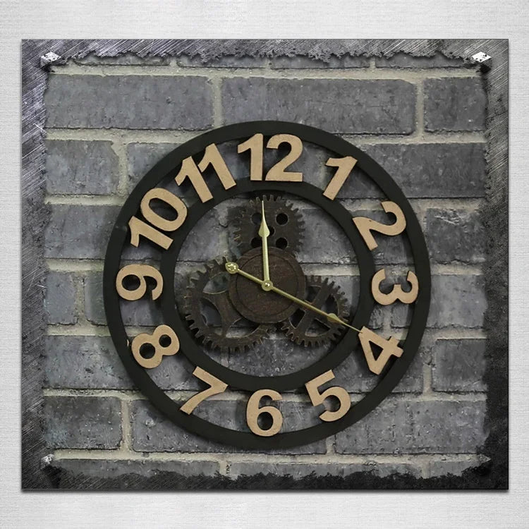 Relógio de Parede Vintage de Madeira Estilo Industrial Americano Original com Engrenagem Antiga