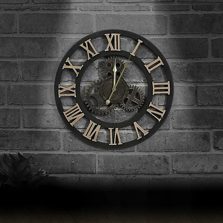 Relógio de Parede Vintage de Engrenagem Antiga em Estilo Industrial Americano, Diâmetro: 50cm, Números Romanos 50cm, Números Romanos 50cm