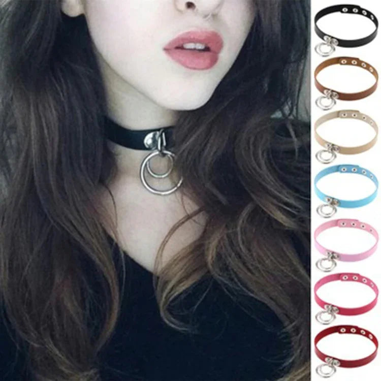 Colar de Colarinho de Couro com Anel Duplo para Dança de Rua em Estilo Punk Rock Europeu e Americano, Entrega de Cor Aleatória, DHXQ02