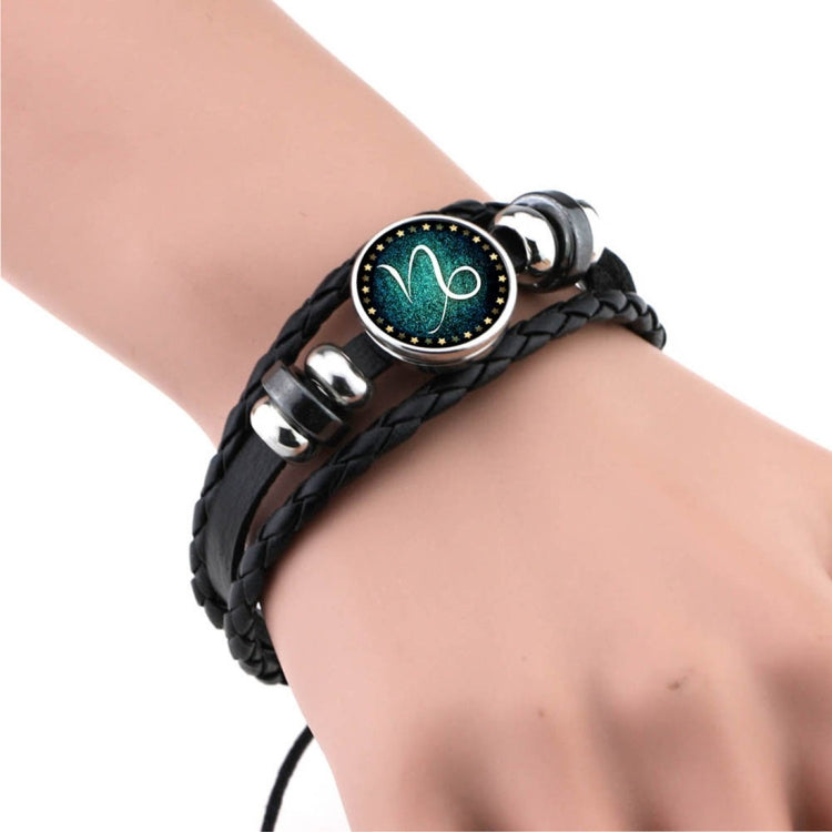 Pulseira DIY Retro de Moda Punk de Pele com Contas Feita à Mão Europeia e Americana, Constelações: Sagitário, Peixes, Caranguejo, Carneiro, Escorpião, Capricórnio, Virgem, Leão, Balança, Gémeos, Touro, Aquário