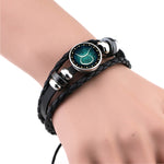 Pulseira DIY Retro de Moda Punk de Pele com Contas Feita à Mão Europeia e Americana, Constelações: Sagitário, Peixes, Caranguejo, Carneiro, Escorpião, Capricórnio, Virgem, Leão, Balança, Gémeos, Touro, Aquário