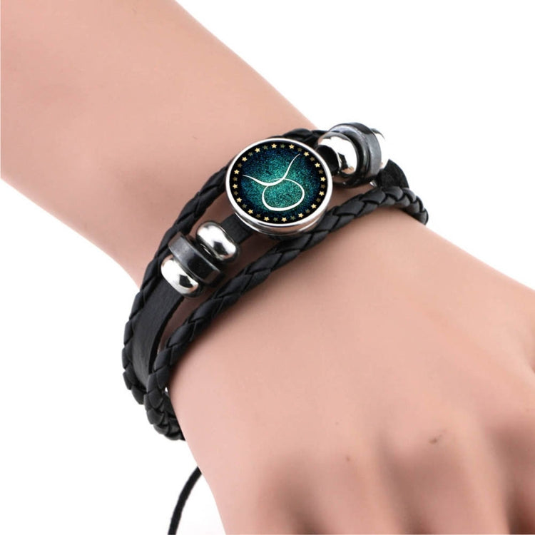 Pulseira DIY Retro de Moda Punk de Pele com Contas Feita à Mão Europeia e Americana, Constelações: Sagitário, Peixes, Caranguejo, Carneiro, Escorpião, Capricórnio, Virgem, Leão, Balança, Gémeos, Touro, Aquário