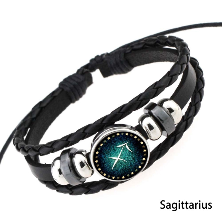 Pulseira DIY Retro de Moda Punk de Pele com Contas Feita à Mão Europeia e Americana, Constelações: Sagitário, Peixes, Caranguejo, Carneiro, Escorpião, Capricórnio, Virgem, Leão, Balança, Gémeos, Touro, Aquário