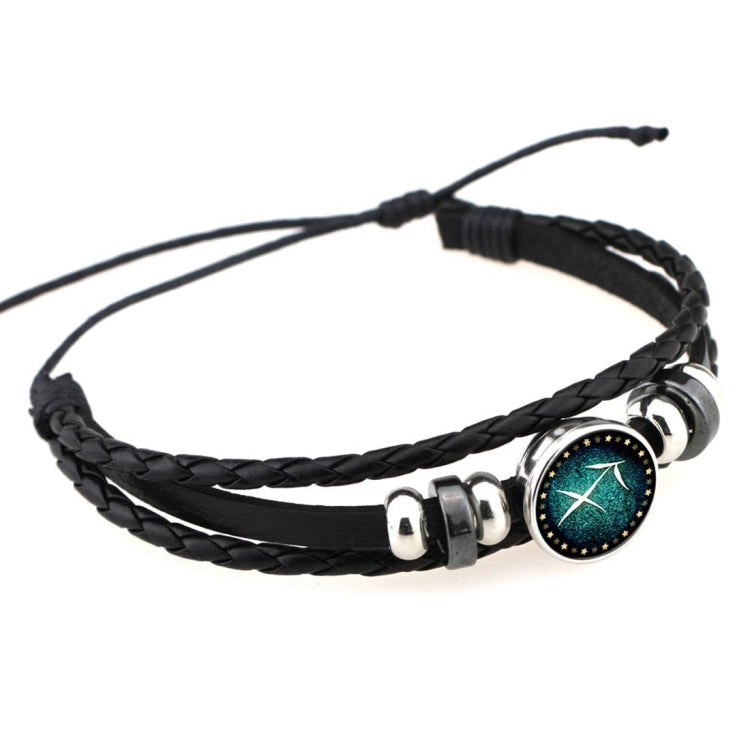 Pulseira DIY Retro de Moda Punk de Pele com Contas Feita à Mão Europeia e Americana, Constelações: Sagitário, Peixes, Caranguejo, Carneiro, Escorpião, Capricórnio, Virgem, Leão, Balança, Gémeos, Touro, Aquário