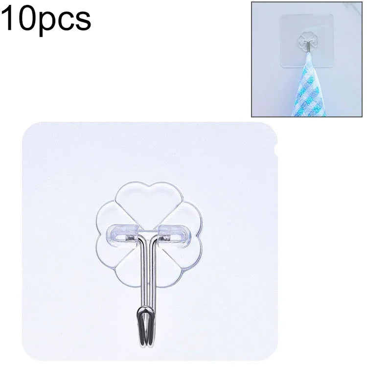 10 Ganchos Adesivos Impermeáveis em PVC + Aço Inoxidável, Forma de Ameixa Fina, Transparente, Fixação Forte para Cozinha, Montagem na Parede