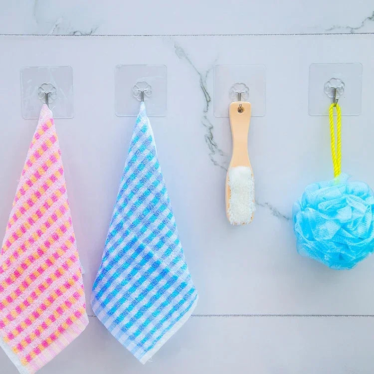 10 Ganchos Adesivos Impermeáveis em PVC + Aço Inoxidável, Forma de Ameixa Fina, Transparente, Fixação Forte para Cozinha, Montagem na Parede