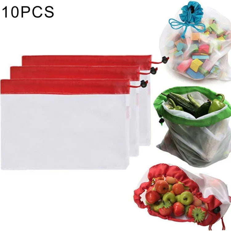 10 Sacos de Armazenamento de Malha para Frutas e Sanduíches Reutilizáveis com Costura Dupla, Resistentes, Tamanho: 30cm x 20cm, Entrega com Cor Aleatória, Tamanho: 30cm x 20cm