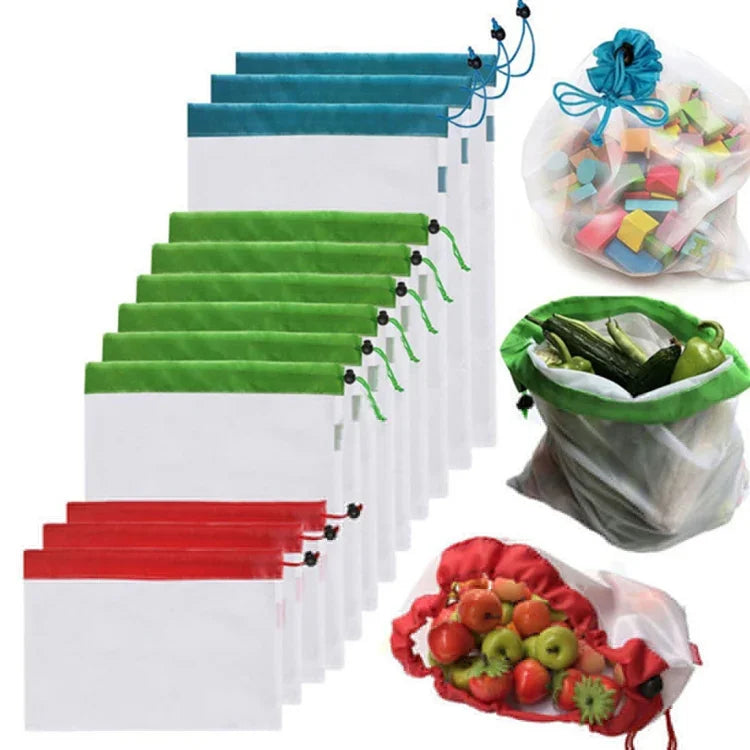 10 Sacos de Armazenamento de Malha para Frutas e Sanduíches Reutilizáveis com Costura Dupla, Resistentes, Tamanho: 30cm x 20cm, Entrega com Cor Aleatória, Tamanho: 30cm x 20cm