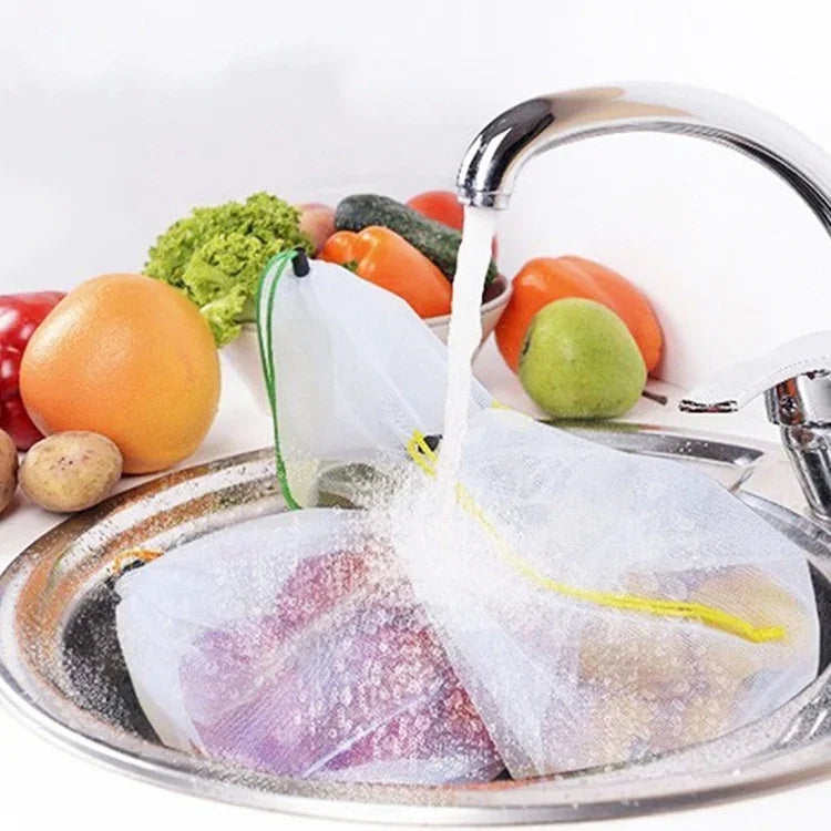 10 Sacos de Armazenamento de Malha para Frutas e Sanduíches Reutilizáveis com Costura Dupla, Resistentes, Tamanho: 30cm x 43cm, Entrega com Cor Aleatória, Tamanho: 30cm x 43cm