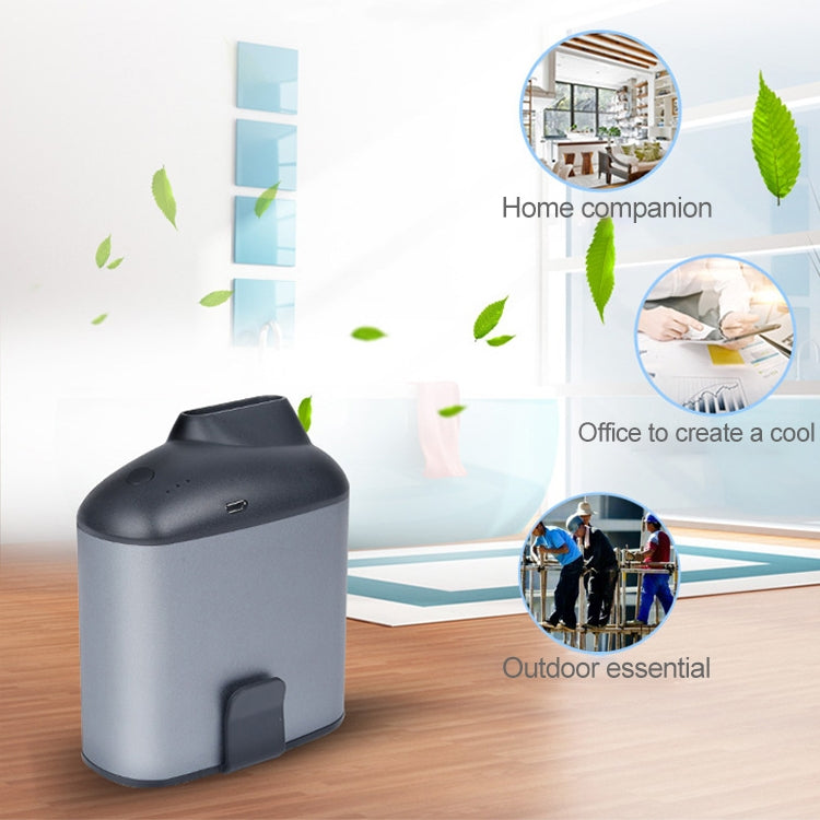 Ventoinha portátil criativa USB para pendurar na cintura com três velocidades ajustáveis, preta, cinzenta