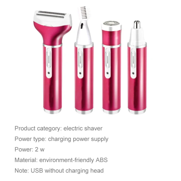 Conjunto 4 em 1 Recarregável USB para Aparar Vibrissas, Sobrancelhas e Depilação Corporal com Cabo USB, 4 em 1