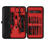 Kit avançado 12 em 1 para cuidados de unhas em aço inoxidável com cortador, pedicure e manicure com estojo em pele, vermelho+preto