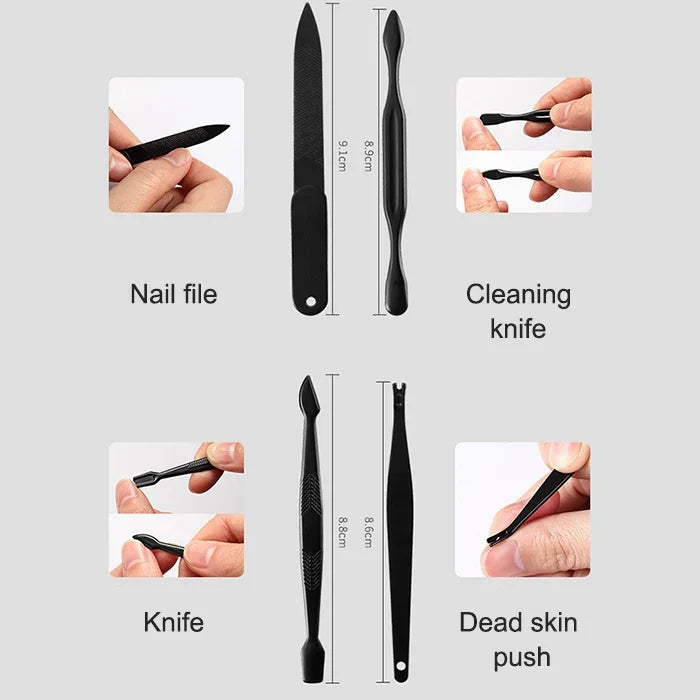 Kit avançado 12 em 1 para cuidados de unhas em aço inoxidável com cortador, pedicure e manicure com estojo em pele, vermelho+preto