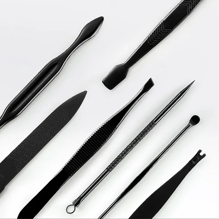 Kit avançado 12 em 1 para cuidados de unhas em aço inoxidável com cortador, pedicure e manicure com estojo em pele, vermelho+preto