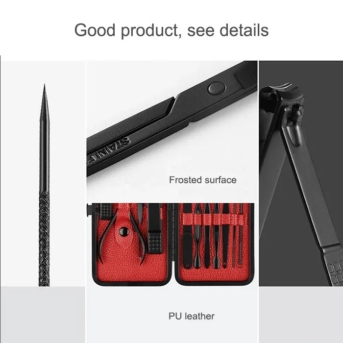 Kit avançado 12 em 1 para cuidados de unhas em aço inoxidável com cortador, pedicure e manicure com estojo em pele, vermelho+preto