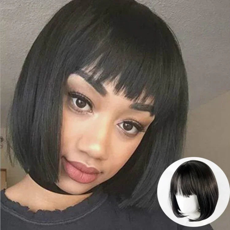 Peruca de Cabelos Curtos e Lisos com Franja Neat Bang Bobo, Fibra Química, Touca para Mulheres