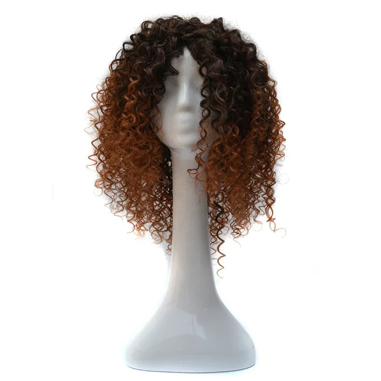 Peruca Europeia e Americana com Gradiente Preto para Castanho Claro com Cabelo Curto e Pequeno Cacheado para Mulheres