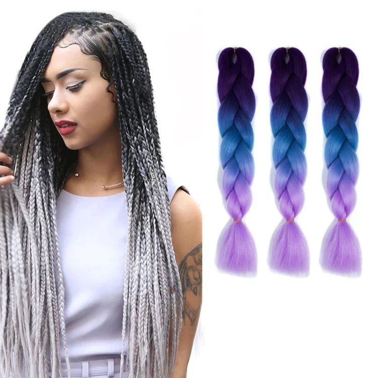 Perucas de Trança Individual com Gradiente de Cor Fashion Fibra Química Tranças Grandes, Comprimento: 60cm (56 Roxo+Azul Lago+Roxo Claro), 21, 35, 37, 38, 44, 45, 46, 47, 49, 50, 51, 56