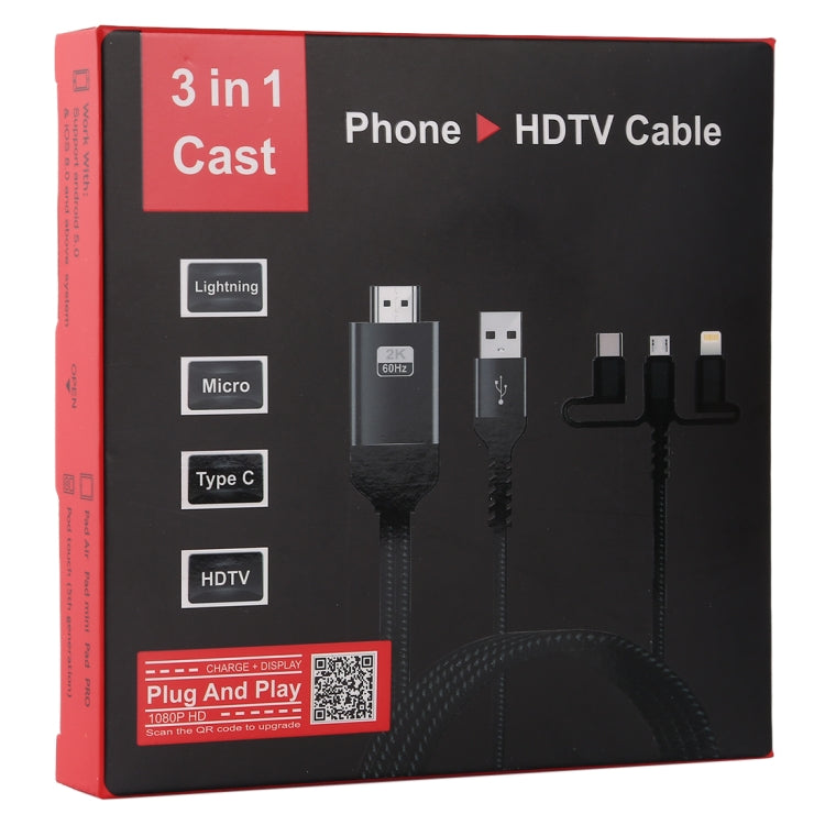 Cabo 3 em 1 Micro USB + USB-C / Tipo-C + 8 Pinos para HDMI HDTV