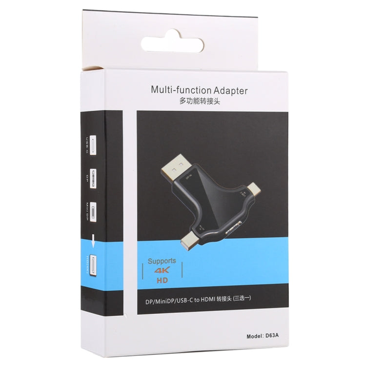 Adaptador 3 em 1 D63A DisplayPort + Mini DP + USB-C / Tipo-C macho para HDMI fêmea, D63A