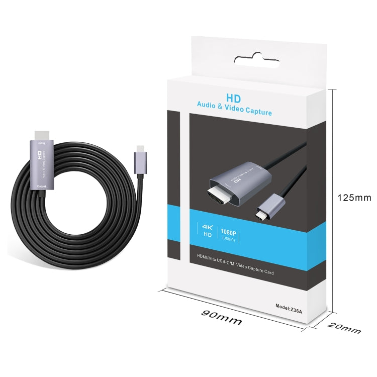 Placa de Captura de Vídeo HD HDMI Macho para USB-C / Tipo-C Macho Z36A, Comprimento do Cabo: 2m, HDMI para Tipo-C