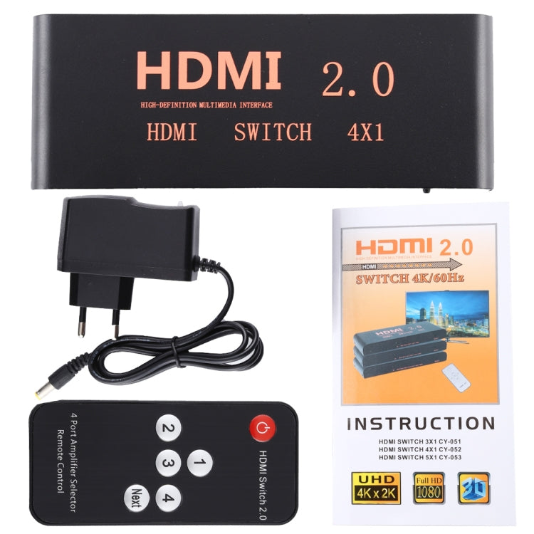 Comutador HDMI 2.0 4X1 4K/60Hz com Controlo Remoto, Ficha EU, 4X1