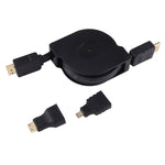 Cabo Adaptador Retrátil HDMI Macho para HDMI Macho de 1m com Adaptadores Mini HDMI e Micro HDMI para HDTV, Monitor, Projetor, PC, Câmaras, Tablets e Smartphones