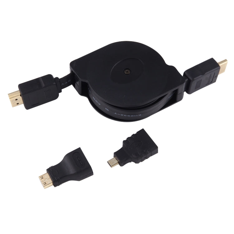 Cabo Adaptador Retrátil HDMI Macho para HDMI Macho de 1m com Adaptadores Mini HDMI e Micro HDMI para HDTV, Monitor, Projetor, PC, Câmaras, Tablets e Smartphones