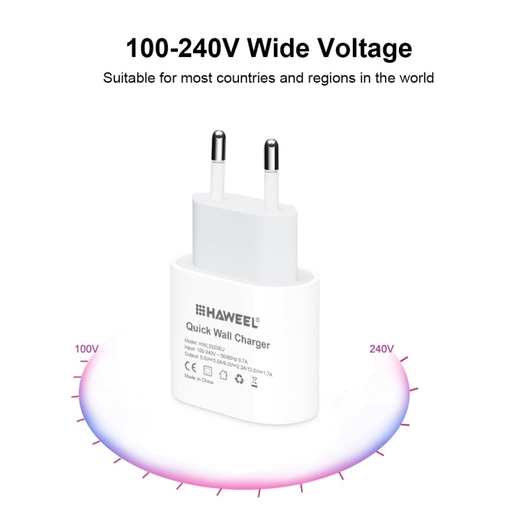 HAWEEL Carregador de Viagem PD 20W Interface USB-C / Type-C Única QC, Suporta Protocolo QC Completo, Ficha EU, Carregador QC Ficha EU