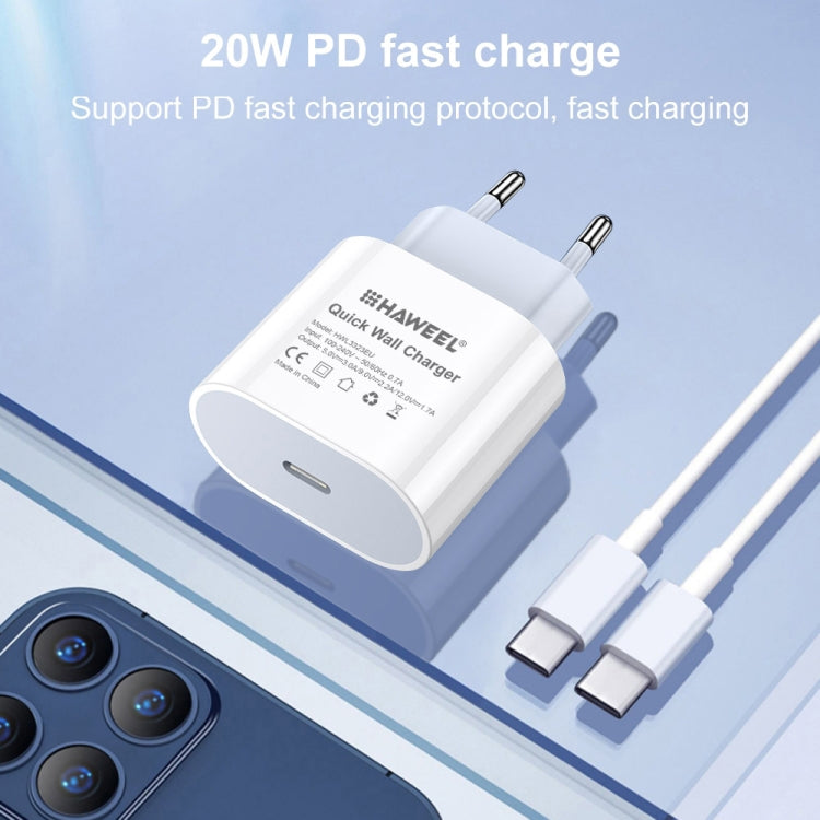 HAWEEL Carregador de Viagem PD 20W Interface USB-C / Type-C Única QC, Suporta Protocolo QC Completo, Ficha EU, Carregador QC Ficha EU
