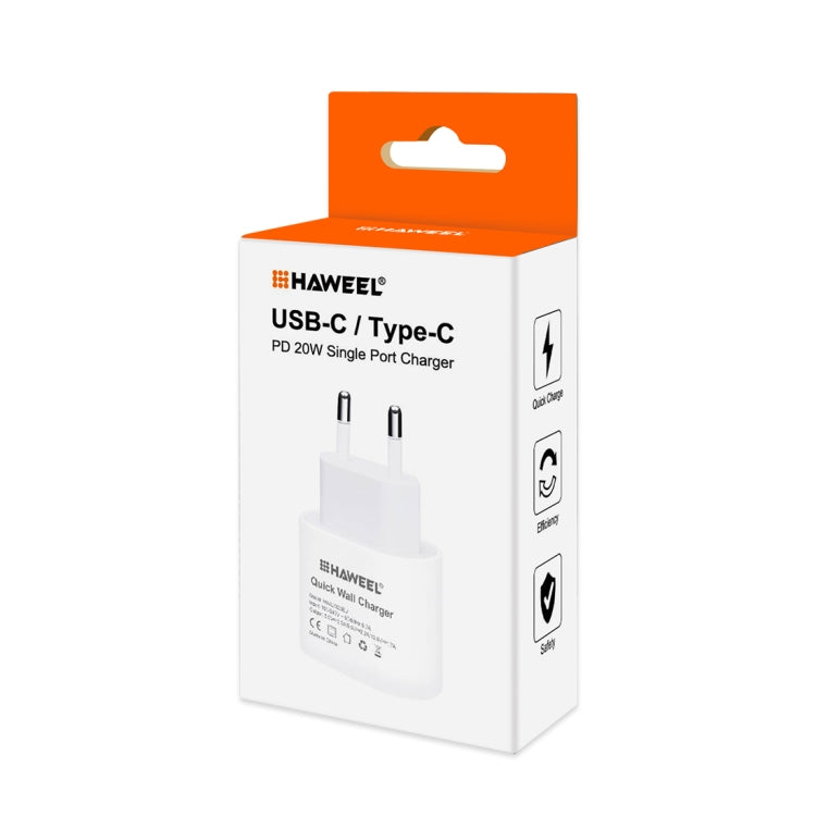 HAWEEL Carregador de Viagem PD 20W Interface USB-C / Type-C Única QC, Suporta Protocolo QC Completo, Ficha EU, Carregador QC Ficha EU