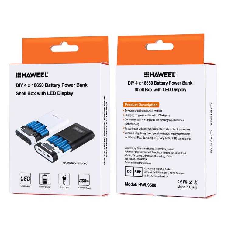 Caixa para Power Bank HAWEEL DIY para 4 Baterias 18650 (Não Incluídas) 10000mAh com 2 Saídas USB e Display para iPhone, Galaxy, Sony, HTC, Google, Huawei, Xiaomi, Lenovo e outros Smartphones, DIY 4 Baterias 18650 10000mAh (US)