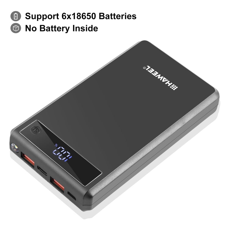 Caixa Power Bank HAWEEL DIY para 6 x Baterias 18650 24W Carregamento Rápido com Ecrã, Sem Baterias Incluídas, 6 x Baterias 18650