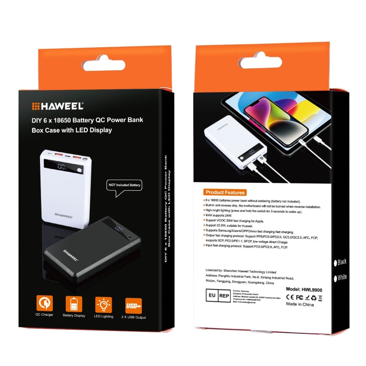 Caixa Power Bank HAWEEL DIY para 6 x Baterias 18650 24W Carregamento Rápido com Ecrã, Sem Baterias Incluídas, 6 x Baterias 18650