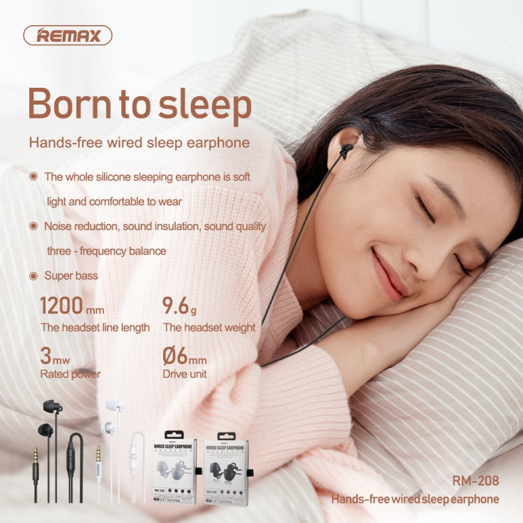 Auricular Estéreo para Dormir Intra-auricular REMAX RM-208 com Controlo por Fio + Microfone, Suporta Mãos Livres