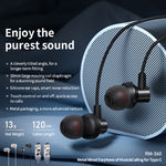 REMAX RM-560 Auricular Estéreo Metal Tipo-C In-Ear com Controlo por Fio + Microfone, Suporta Mãos Livres, Não Compatível com Telefones Samsung