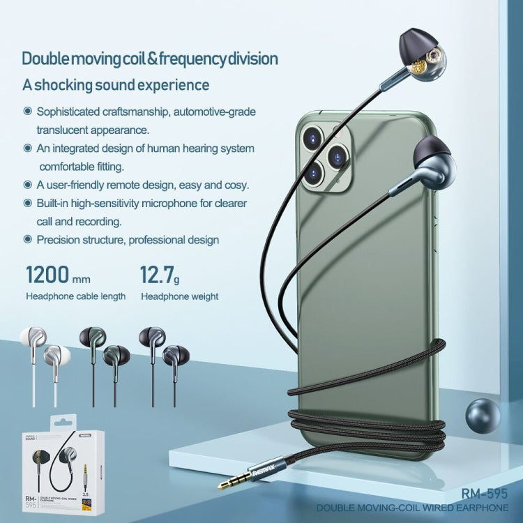 Auricular Estéreo Intra-auricular REMAX RM-595 com Pino Dourado 3.5mm, Metal de Dupla Ação, Controlo por Fio + Microfone, Suporta Mãos Livres