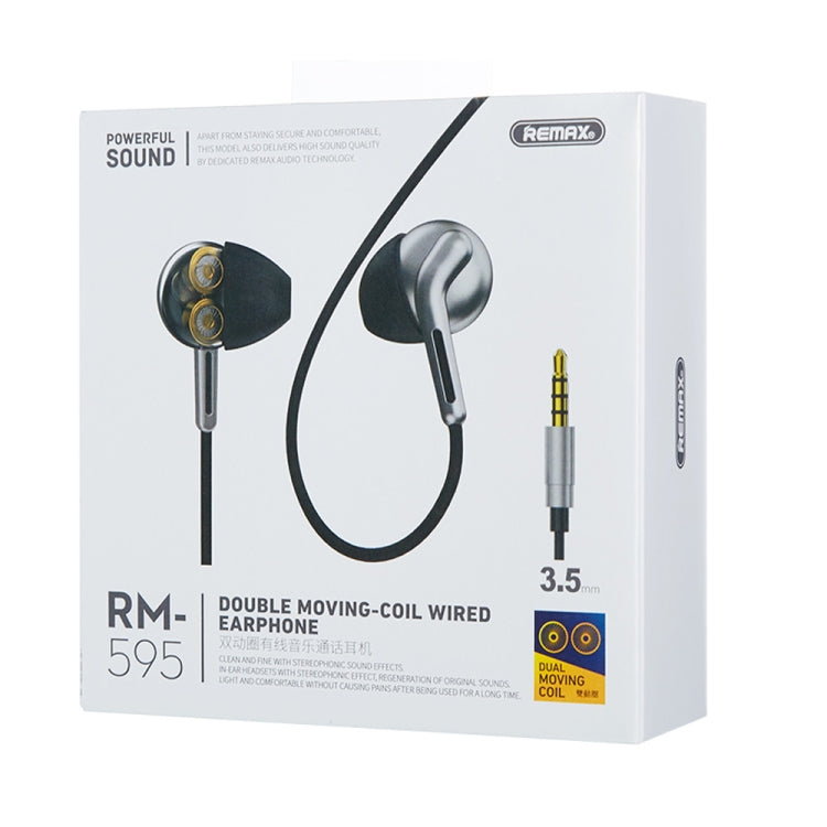 Auricular Estéreo Intra-auricular REMAX RM-595 com Pino Dourado 3.5mm, Metal de Dupla Ação, Controlo por Fio + Microfone, Suporta Mãos Livres