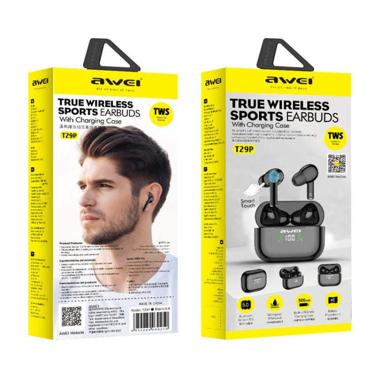 Auricular Desportivo TWS awei T29P Bluetooth V5.0 com Ecrã LED Digital, IPX4 à prova de água, com Caixa de Carregamento