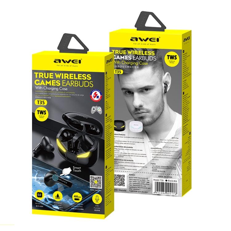 Auricular Desportivo TWS awei T35 Bluetooth V5.0 Modo Duplo para Jogos, IPX5 à prova de água, com Caixa de Carregamento