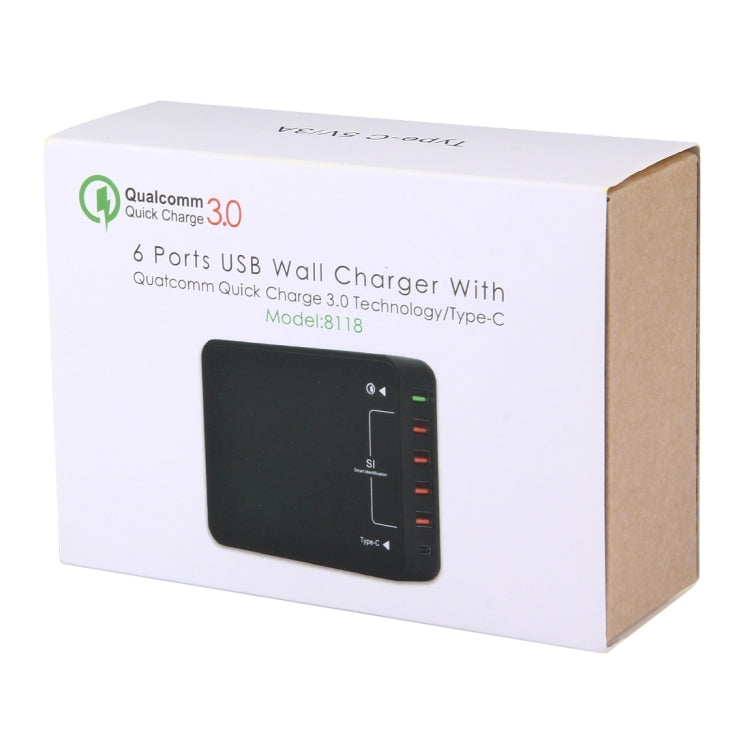 Q8118 1 Carregamento Rápido 3.0 + 4 Identificação Inteligente USB + 1 USB-C / Type-C 3.1 Carregador USB de Secretária