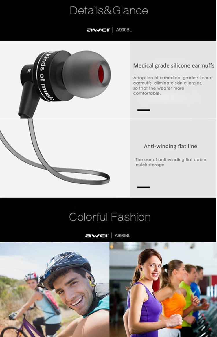 Auricular Estéreo Bluetooth Desportivo Sem Fios AWEI A990BL com Controlo por Fio + Microfone, Suporta Chamadas Handsfree