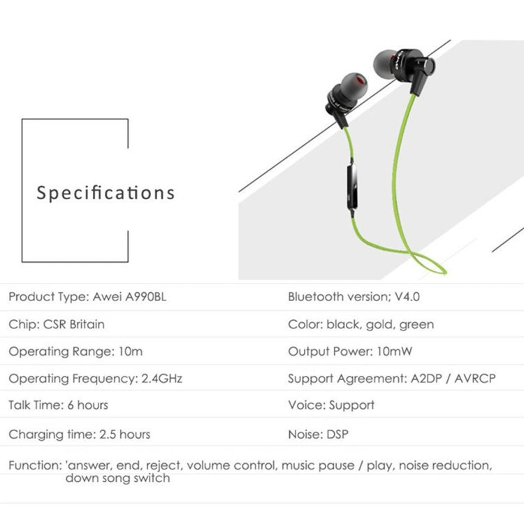 Auricular Estéreo Bluetooth Desportivo Sem Fios AWEI A990BL com Controlo por Fio + Microfone, Suporta Chamadas Handsfree