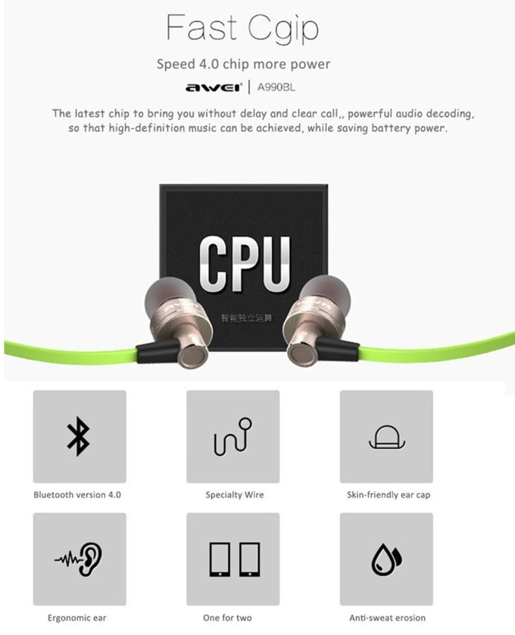 Auricular Estéreo Bluetooth Desportivo Sem Fios AWEI A990BL com Controlo por Fio + Microfone, Suporta Chamadas Handsfree