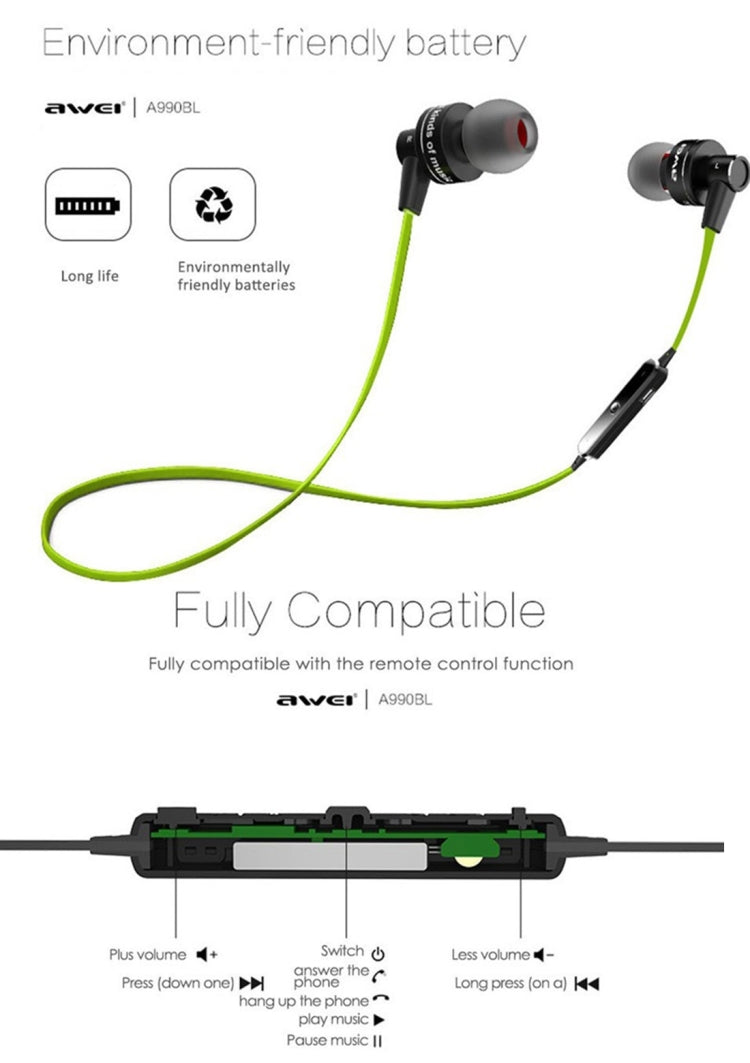 Auricular Estéreo Bluetooth Desportivo Sem Fios AWEI A990BL com Controlo por Fio + Microfone, Suporta Chamadas Handsfree