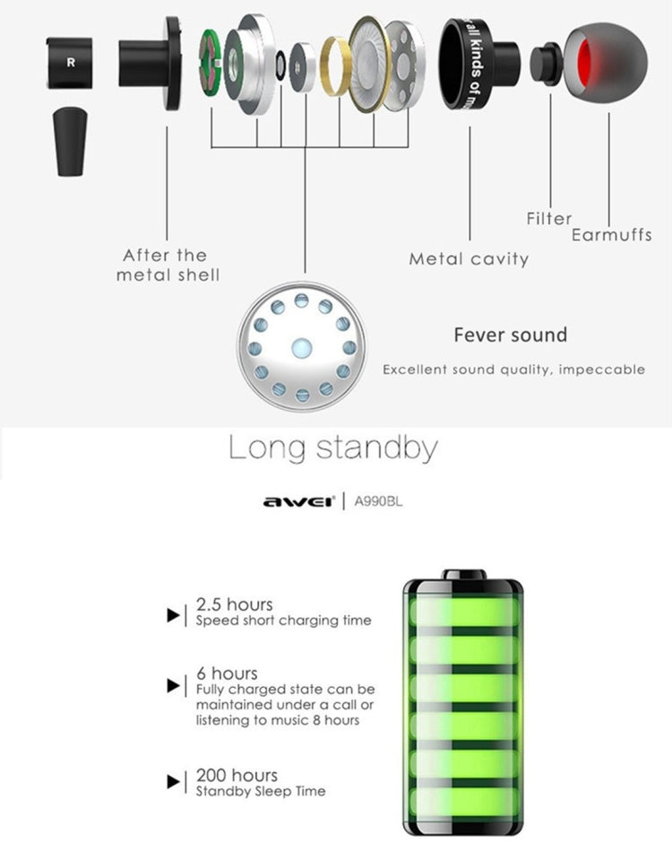 Auricular Estéreo Bluetooth Desportivo Sem Fios AWEI A990BL com Controlo por Fio + Microfone, Suporta Chamadas Handsfree