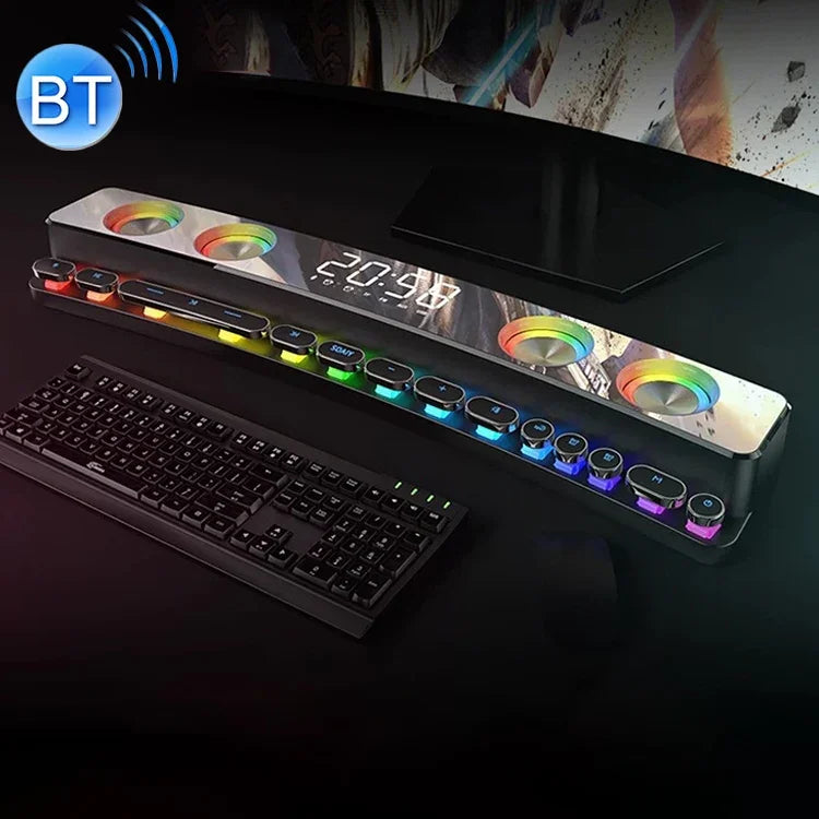 SOAIY SH39 Altifalante Bluetooth de Secretária para Jogos com Efeitos de Iluminação Colorida, Botões Mecânicos, Relógio com Alarme e Bateria, Edição Deluxe